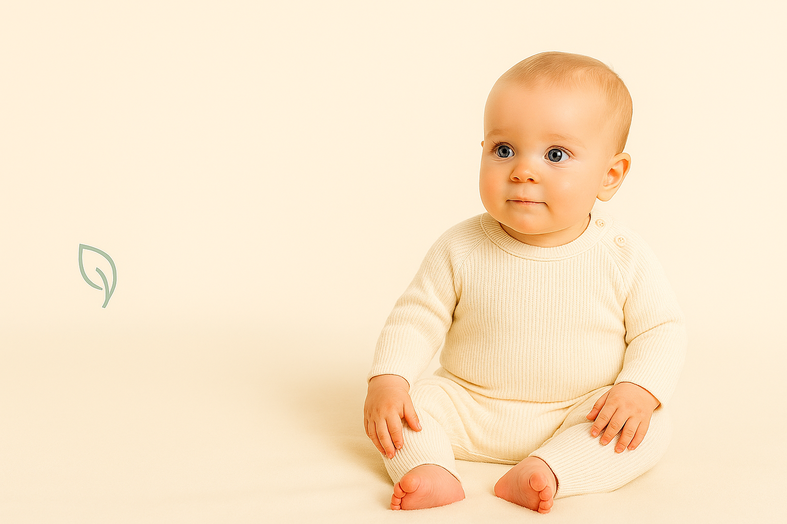 Baby in a cream-colored outfit sitting on a beige background